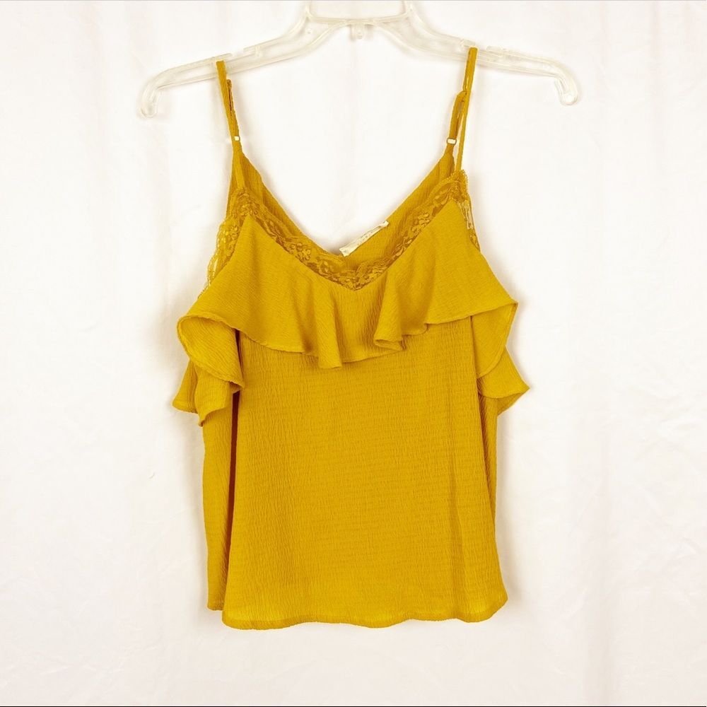 Elodie mustard yellow lace trim ruffled tank top M